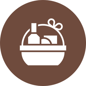 Gift basket icon on brown circle background.