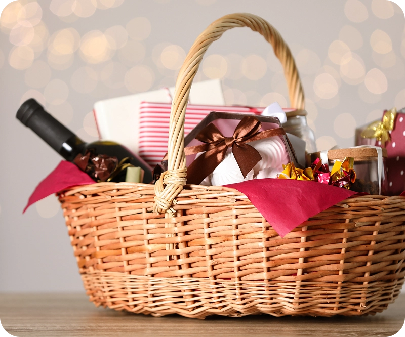 Gift basket with wine and chocolates.