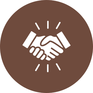 Handshake icon on brown circular background.